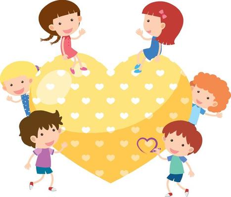 Children around yellow heart on white background