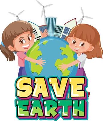 Save earth banner design with two girls hugging earth globe