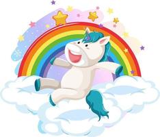 Blue unicorn jumping on a cloud with rainbow vector