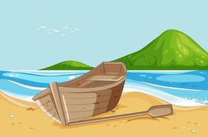 Deserted island with broken boat lying on the beach vector