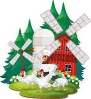 An isolated scene with a group of chickens in cartoon style vector