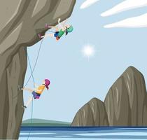 Rock climbing scene with woman on the cliff vector