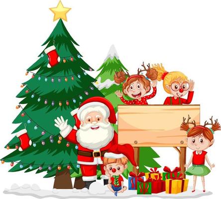 Santa Claus and children with empty wooden board