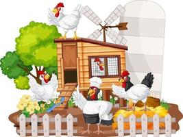 An isolated scene with a group of chickens in cartoon style vector