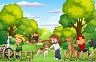 niños jugando con sus animales en el parque. vector