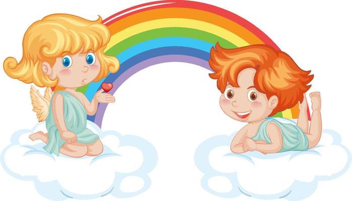 Angel boy and girl on a cloud with rainbow