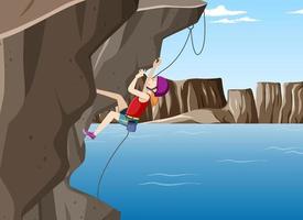 Rock climbing scene with woman climbing rock vector