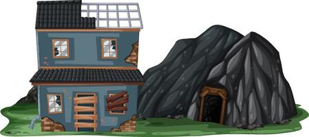 An abandoned house with a rock cave on white background vector