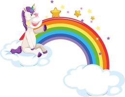 Unicorn sitting on a cloud with rainbow in cartoon style vector