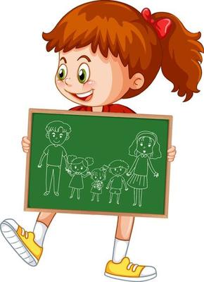 A girl holding board with a doodle sketch design on white background