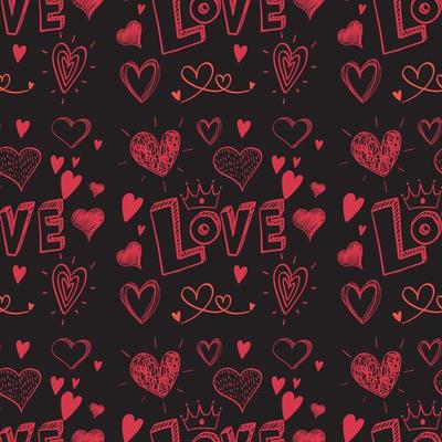 Seamless doodle heart and love word pattern