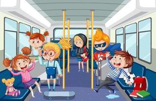 Scene inside bus with many people vector