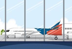 Empty airport terminal with airplane outside vector