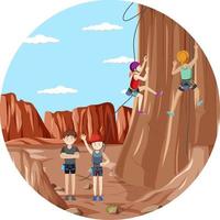 Scene with people climbing rocky moutain on circle artboard vector