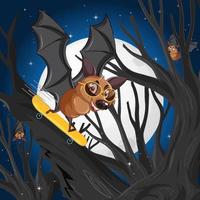 Cartoon bat playing skateboard at night scene vector