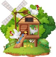 An isolated scene with a group of chickens in cartoon style vector