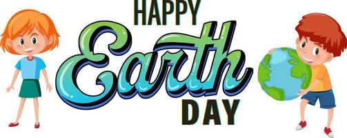 diseño de logotipo feliz día de la tierra con personaje de dibujos animados de niños vector