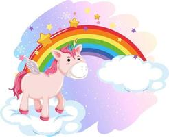 Pink unicorn standing on cloud with rainbow vector