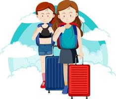 chicas felices viajan tema de vacaciones con mochila vector