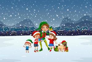 Snowy night scene with Christmas cartoon characters vector