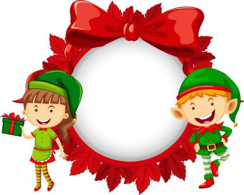 Empty banner in Christmas theme with elves cartoon character