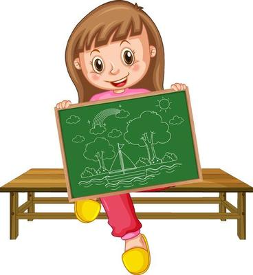 A girl holding board with a doodle sketch design on white background