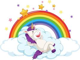 unicornio feliz acostado en la nube con arco iris en estilo de dibujos animados vector