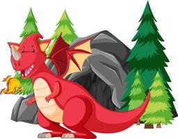 Red dragon breathing fire by the cave vector