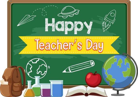 Happy Teacher's Day with a female teacher pointing on chalkboard