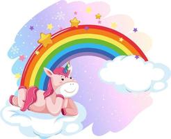 Pink unicorn lying on a cloud with rainbow in cartoon style vector