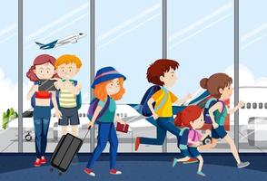 Airport terminal scene with passengers walking vector