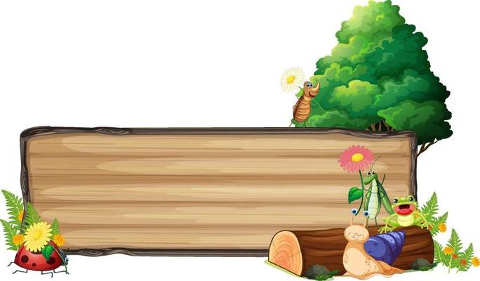 Isolated wooden banner with cute insect in nature