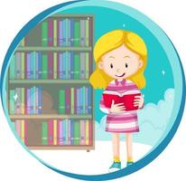 Little girl reading a book at the library on white background vector