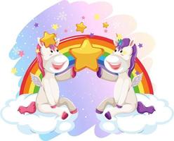 Two unicorns sitting on clouds with rainbow vector