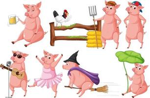 Set of different farm pigs in cartoon style vector