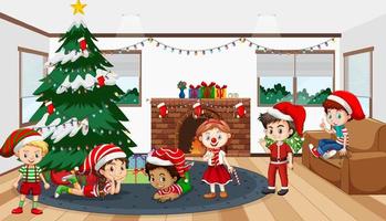 Children celebrating Christmas at home vector