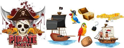 Set of pirate cartoon characters and objects vector