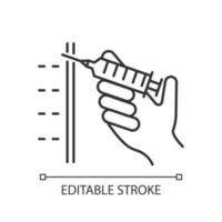 Injection linear icon. Syringe. Immunization. Medical procedure. Disease prevention. Cosmetical filler. Thin line illustration. Contour symbol. Vector isolated outline drawing. Editable stroke