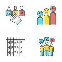 Survey color icons set. Choosing correct option. Customer satisfaction level. Positive and negative emoticons. Select number. Checklist. Mass poll. Public opinion. Vote. Isolated vector illustrations