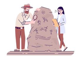 Study of cave paintings flat vector illustration. Ancient people culture researching. Man and woman analyzing drawing on stone isolated cartoon characters with outline elements on white background