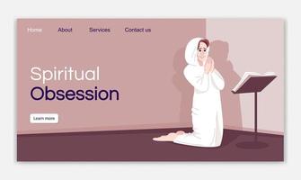 Spiritual obsession landing page vector template. Spiritist belief website interface idea with flat illustrations. Religious fanaticism homepage layout. Girl prays web banner, webpage cartoon concept