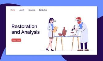 Restoration and analysys landing page vector template. Lab research of archaeological artifacts website interface idea with flat illustrations. Homepage layout. Web banner, webpage cartoon concept