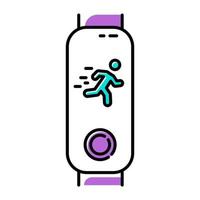 Fitness tracker with running man silhouette on display color icon. Wellness gadget monitoring fast movement. Active lifestyle device measuring jogging time. Isolated vector illustration