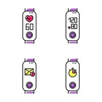 Fitness tracker health monitoring color icons set. Wellness gadget with blood pressure and heart rate indicators. Mail notification and stopwatch pictograms. Isolated vector illustrations