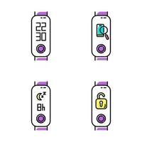 Fitness tracker with digital clock and sleep time control color icons set. Portable wellness device with lost smartphone finder option. Remote unlocker function. Isolated vector illustrations