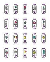 Fitness tracker functions on display color icons set. Wellness device health monitoring options. Fitness app and smartphone notifications synchronization. Isolated vector illustrations