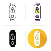 Fitness tracker with open padlock icons set. Linear, black and color styles. Wearable wellness device with remote unlocking function. Device with security control option. Isolated vector illustrations