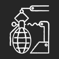 icono de tiza de la industria de armas. tecnología de defensa sector militar. desarrollo de armas, producción. preparándose para la guerra. línea de producción automática de granadas. ilustración de pizarra de vector aislado