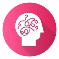 Puzzled mind pink flat design long shadow glyph icon. Mental exercise. Intelligence test. Critical thinking. Brain teaser. Logic questions. Solution finding porcess. Vector silhouette illustration