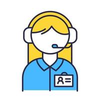 icono de color de ayuda del consultor. gerente del centro de llamadas en auriculares. despachador de teléfono, operador de atención al cliente. agente de ventas femenina. línea de ayuda y concepto de telemarketing. ilustración vectorial aislada vector